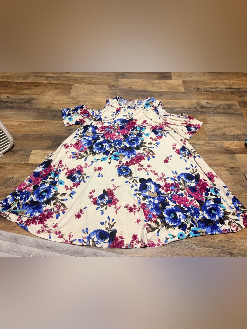 Bellamie Plus Floral Cold Shoulder Swing Dress Blue Pink Cream Boho Tunic